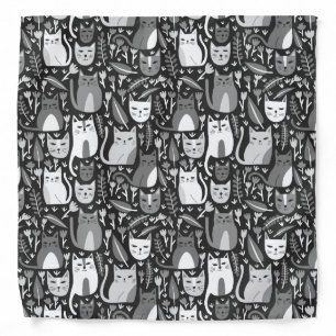 Cute Cats Kitten Botanical Floral Black White Bandana