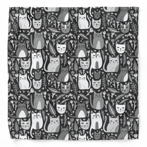 Cute Cats Kitten Botanical Floral Black White Bandana