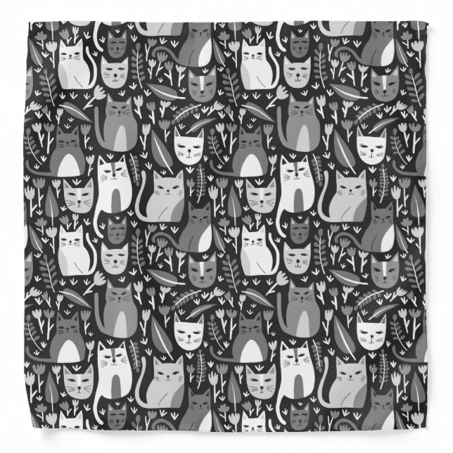 Cute Cats Kitten Botanical Floral Black White Bandana (Front)