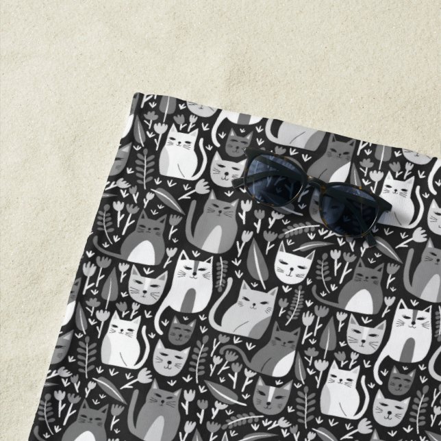 Cute Cats Kittens Botanical Floral Black & White Beach Towel (In Situ)