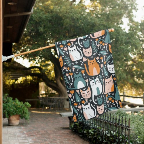 Cute Cats Kittens Botanical Pattern Colorful Fun  House Flag