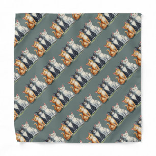 Cute Cats Kittens Looking Happy Grey Green Bandana