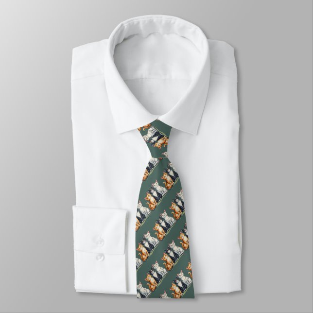 Cute Cats Kittens Looking Happy Grey Green Neck Tie (Tied)