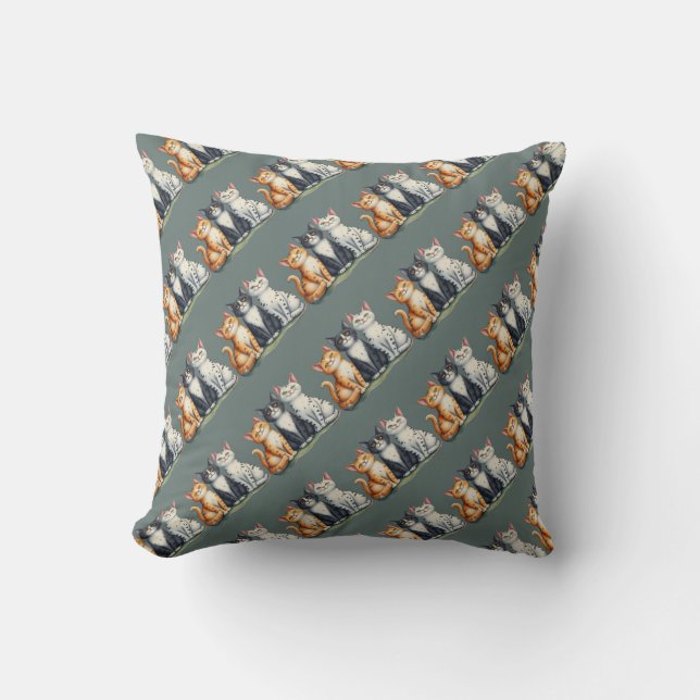 Cute Cats Kittens Looking Happy Grey  Throw Pillow (Front)