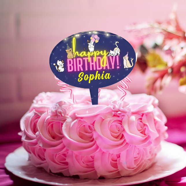Cute Cats Kittens Pink Neon Glow Happy Birthday Cake Topper (Creator Uploaded)