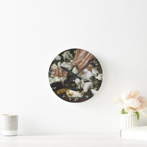 Cute Cats Kittens Vintage Art Home Office Decor Round Clock