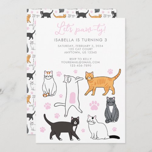 Cute Cats Lets Pawty Kids Birthday Invitation