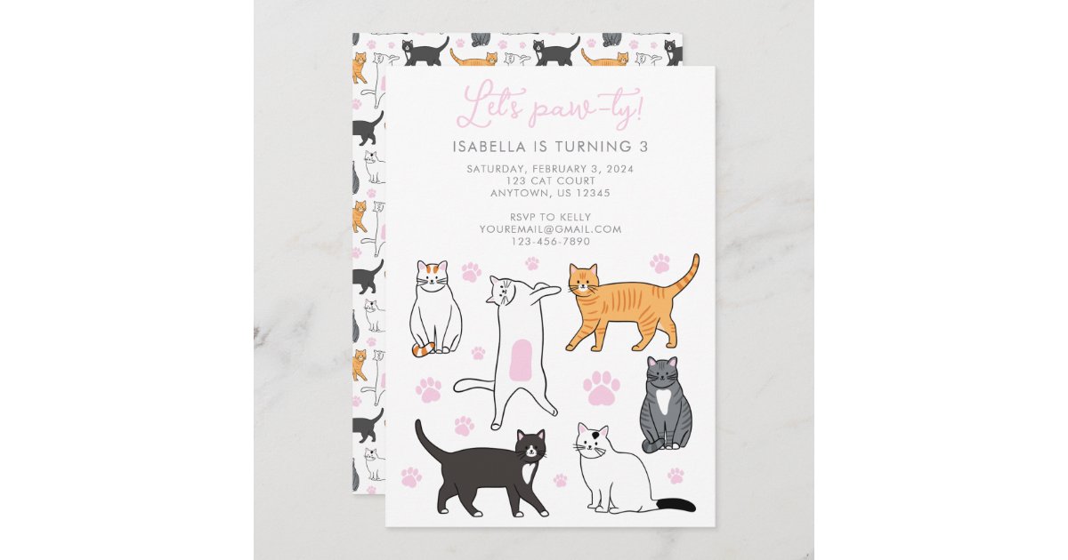 Cute Cats Let's Pawty Kids Birthday Invitation | Zazzle