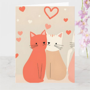 Cute Cats Love Valentine Hearts Pattern Coral Pink Card