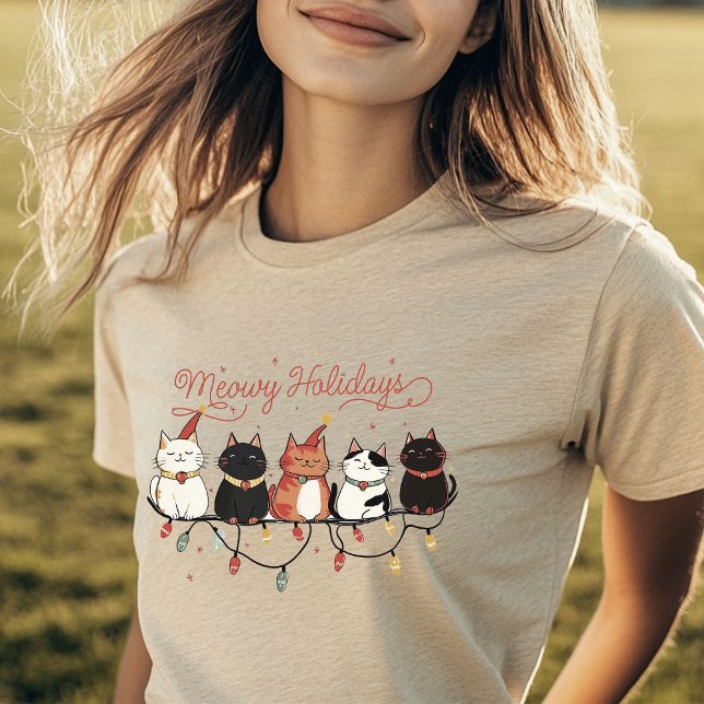 Cute Cats Meowy Holidays Christmas Lights Fun Tri-Blend Shirt (Creator Uploaded)