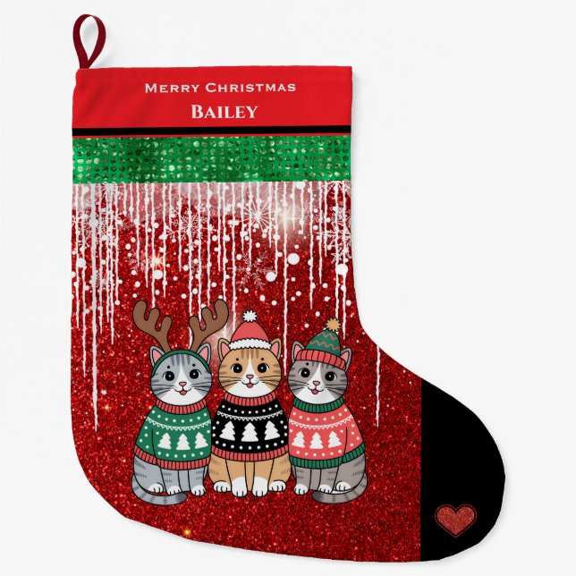 Cute Cats Merry Christmas Personalized Name  Large Christmas Stocking (Front)