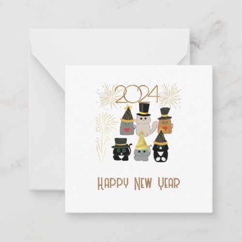 Cute Cats New Years Celebration Flat Note Card