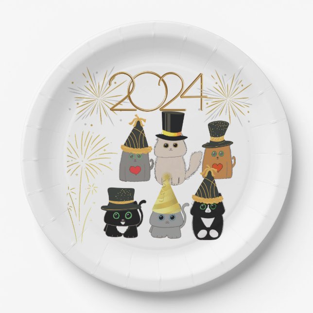Cute Cats New Years Celebration  Paper Plates (Front)