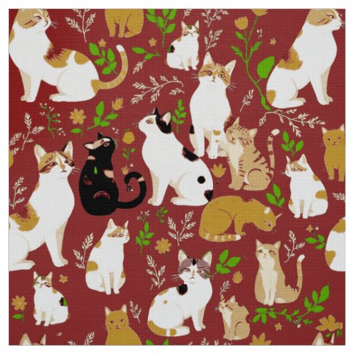 Cute Cats on a Burgundy Background Fabric