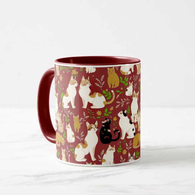 Cute Cats on a Burgundy Background Mug (Front Left)