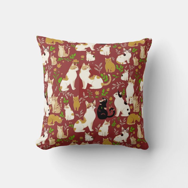 Cute Cats on a Burgundy Background Throw Pillow (Front)