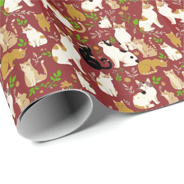 Cute Cats on a Burgundy Background Wrapping Paper (Roll Corner)
