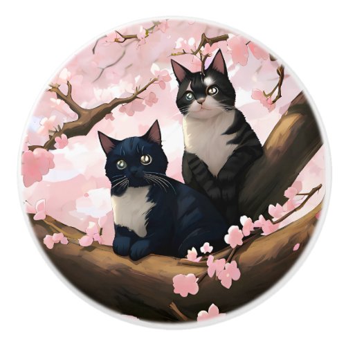 Cute Cats On A Cherry Blossom Tree Ceramic Knob
