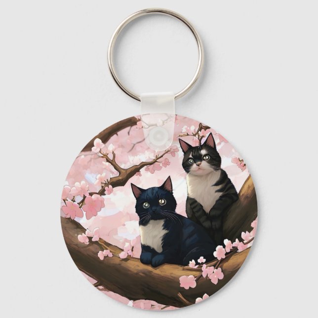 Cute Cats On A Cherry Blossom Tree Keychain (Front)
