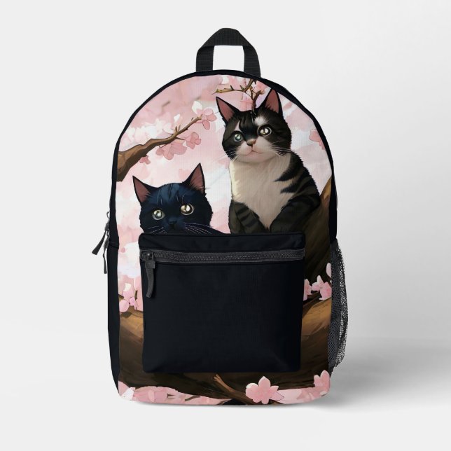 Cute Cats On A Cherry Blossom Tree Printed Backpack (Front)