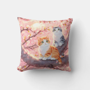 Cute Cats On A Cherry Blossom Tree Throw Pillow