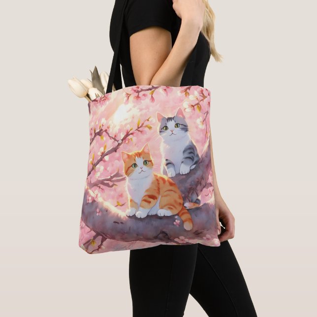 Cute Cats On A Cherry Blossom Tree Tote Bag (Close Up)