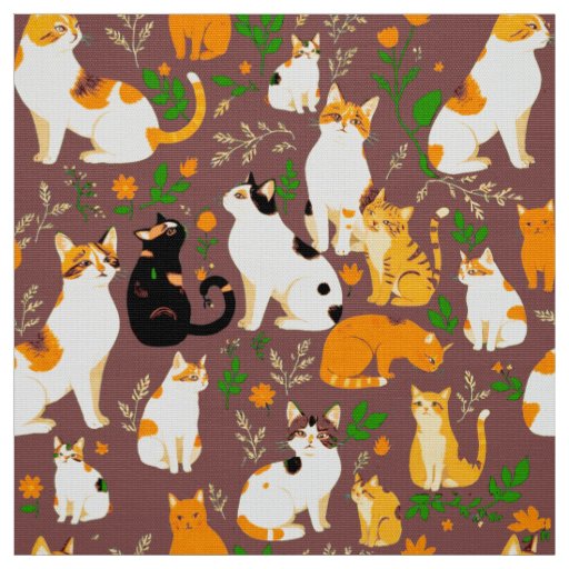 Cute Cats on a Coffee Brown Background Fabric
