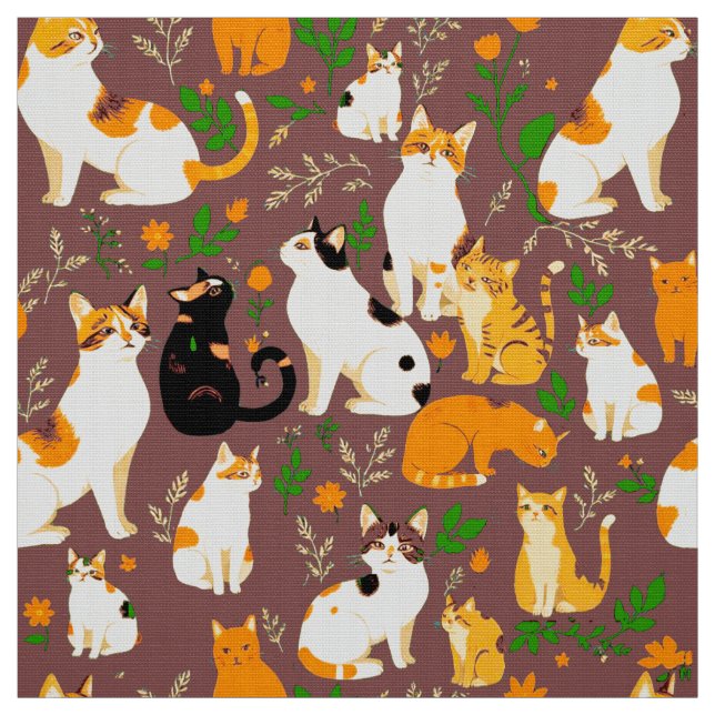 Cute Cats on a Coffee Brown Background Fabric (Swatch)