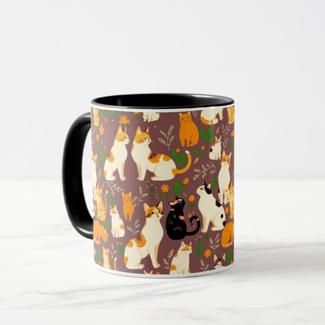 Cute Cats on a Coffee Brown Background Mug (Front Left)