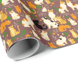 Cute Cats on a Coffee Brown Background Wrapping Paper