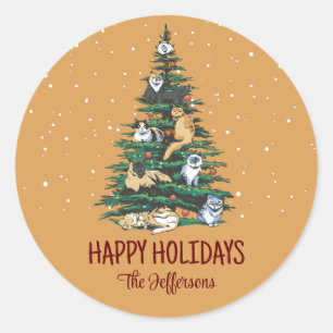 Cute Cats on Christmas Tree Snowy Winter Holiday Classic Round Sticker