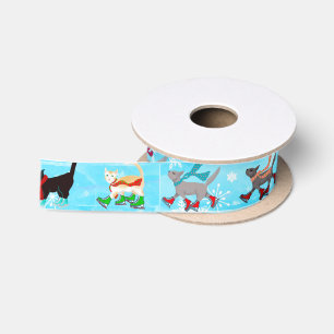 Cute Cats on Ice Skates Aqua Holiday Satin Ribbon