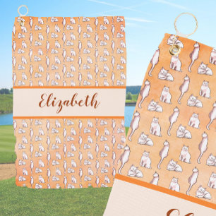 Cute cats on orange with custom name ladies golf towel