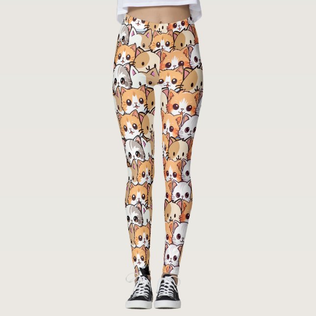 Cute cats orange kitten pet Seamless Pattern Leggings (Front)