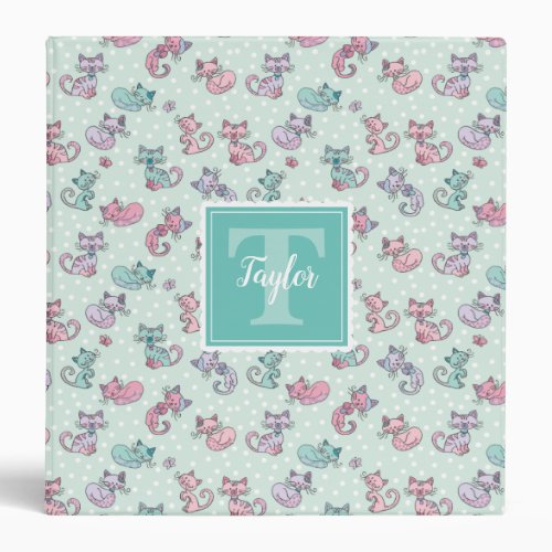 Cute Cats Pastel Teal Pink Purple Monogram 3 Ring Binder