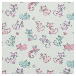Cute Cats Pastel Teal Pink Purple Polka Dot Fabric