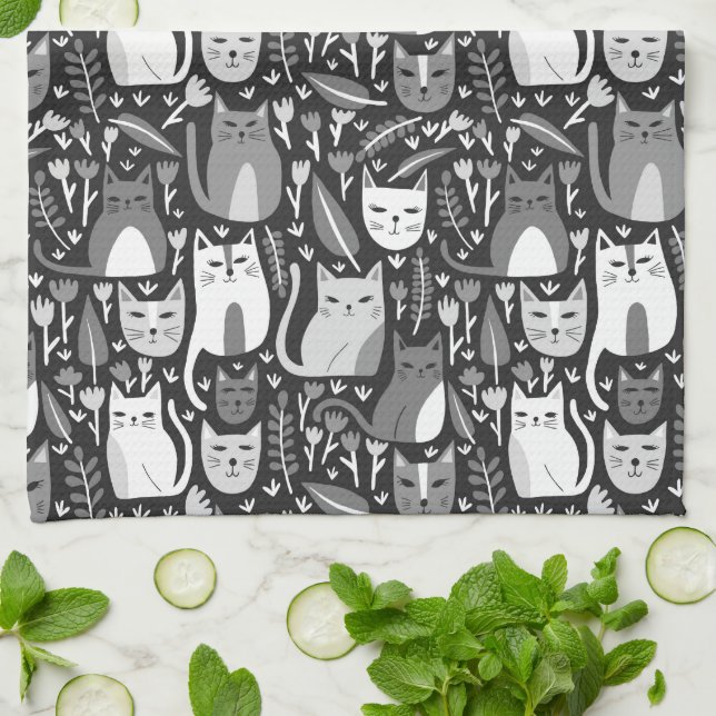 Cute Cats Pattern Botanical Floral Black and White Kitchen Towel (Folded)