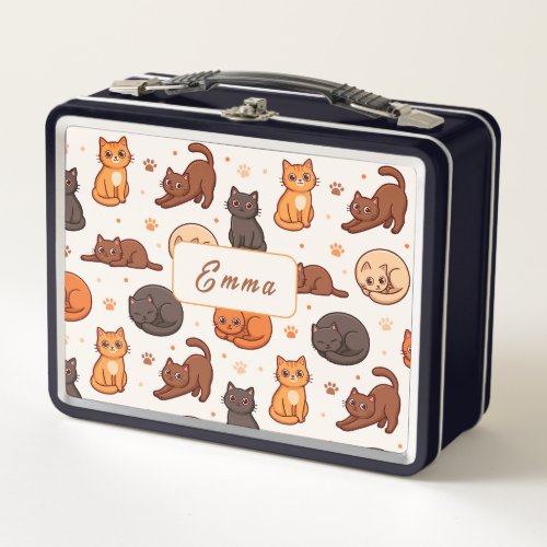 Cute Cats Pattern Custom Monogram Name Kids  Metal Lunch Box