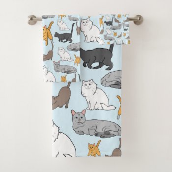 Cute Cats Pattern Illustration On Blue Background Bath Towel Set by judgeart at Zazzle