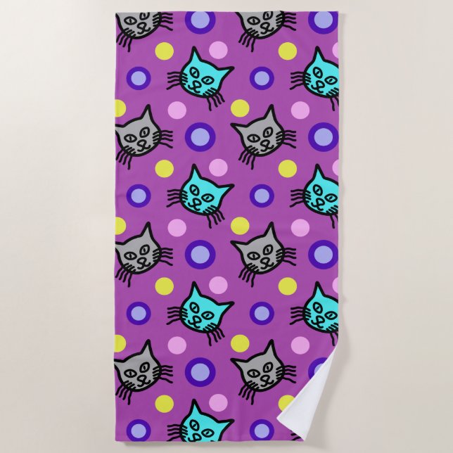 Cute Cats Pattern in Violet Beach Towel (Front)