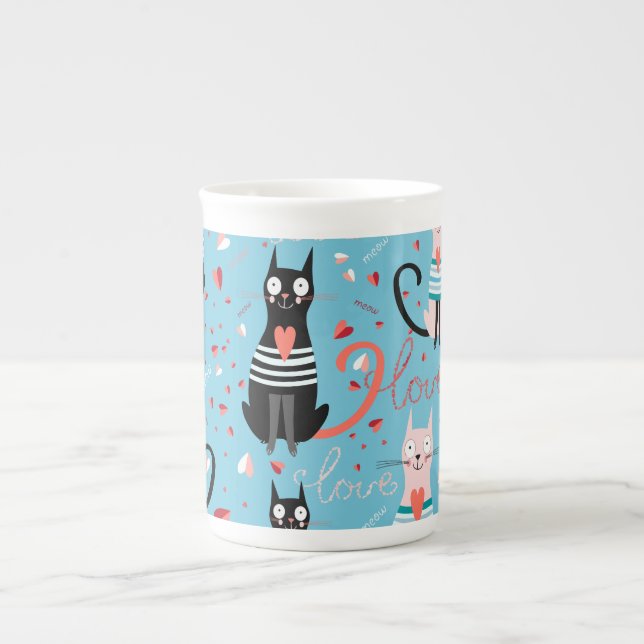 Cute cats pattern on a blue background bone china mug (Front)