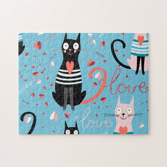 Cute cats pattern on a blue background jigsaw puzzle (Horizontal)