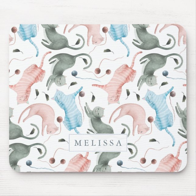 Cute Cats Pattern Watercolors Illustration Mouse Pad (Front)