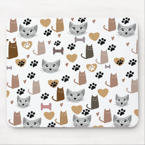 Cute Cats  Paw and hearts Prints Pattern  Mouse Pad