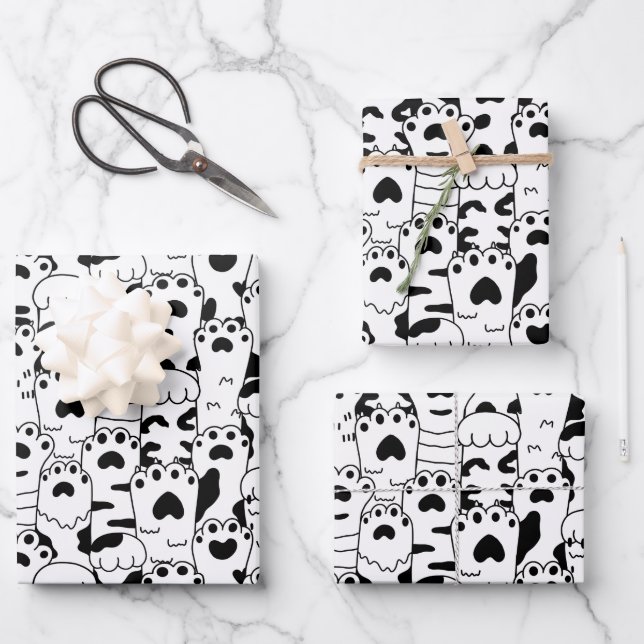 Cute Cats Paws Pattern Black White Wrapping Paper Sheets (Front)