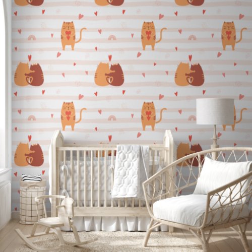Cute Cats Peach Pink Hearts and Stripes _ Nursery Wallpaper