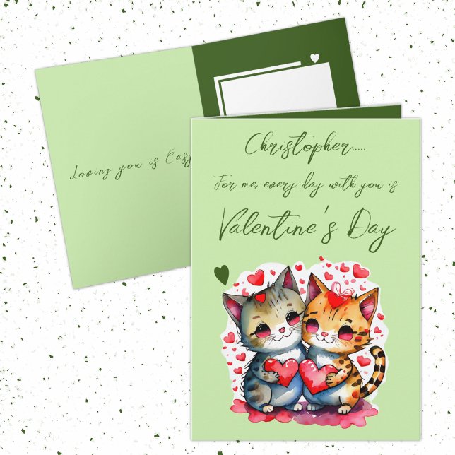 Cute cats personalized name green Valentine's Day Card (Creator Uploaded)