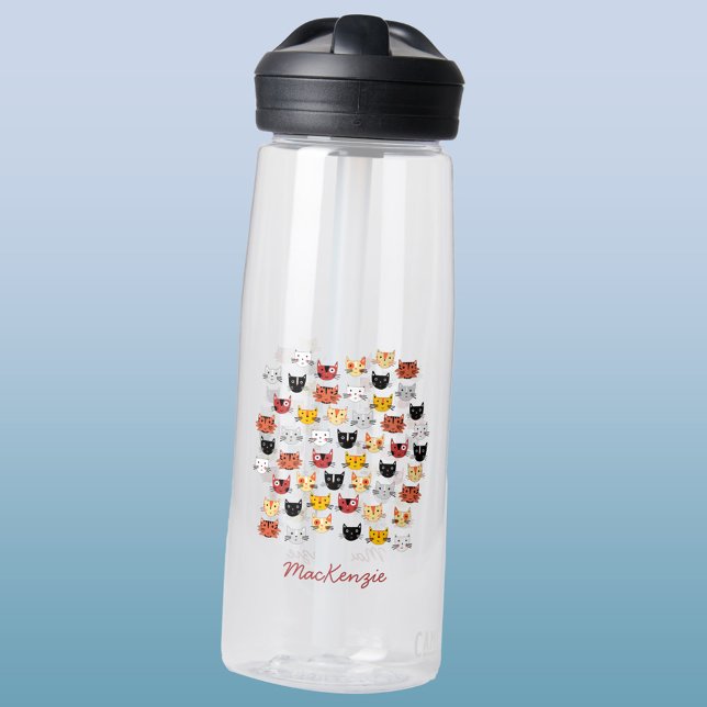 Cute Cats Personalized Water Bottle (Fun cat faces personalized script name water bottle)
