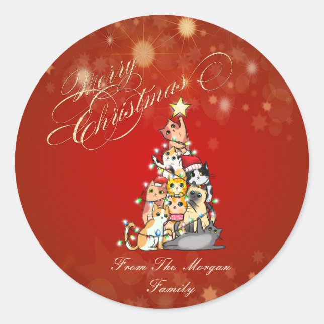 Cute Cats Pine Tree Red Christmas  Classic Round Sticker (Front)