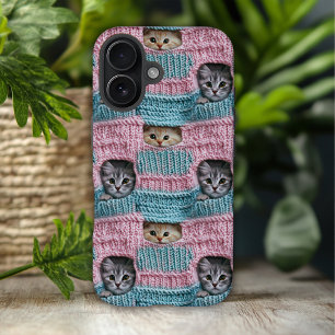 Cute Cats Pink Blue Knitting Girly iPhone 16 Case
